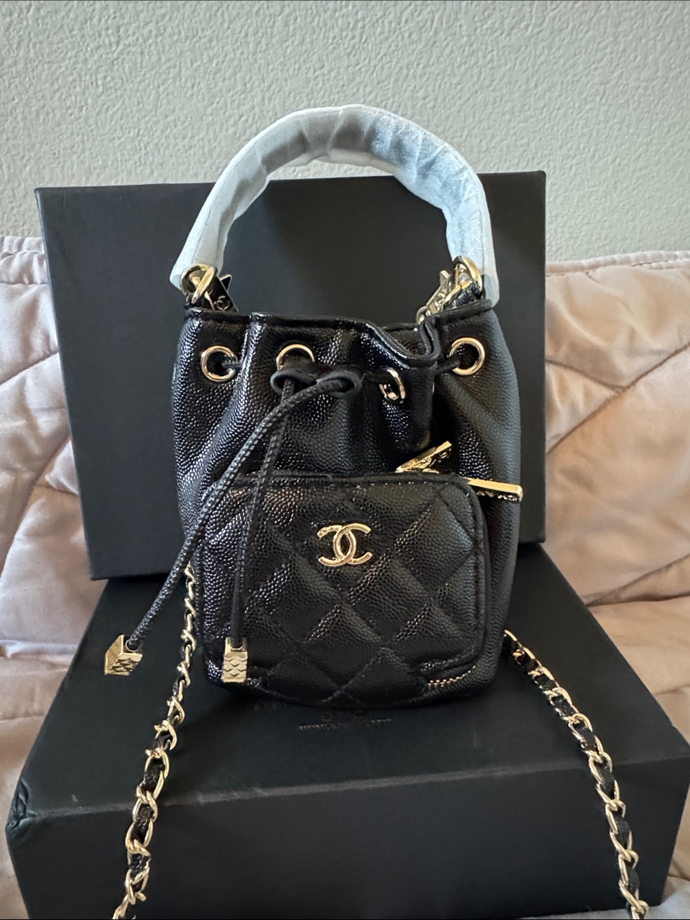 CC Black Quilted Mini Drawstring Bag with Gold Hardware